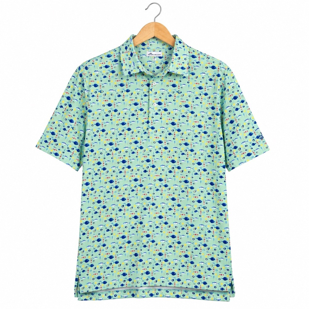 Peter Millar Mens XL Fish Hot Sauce Lemon Print Performance Polo Shirt Mint